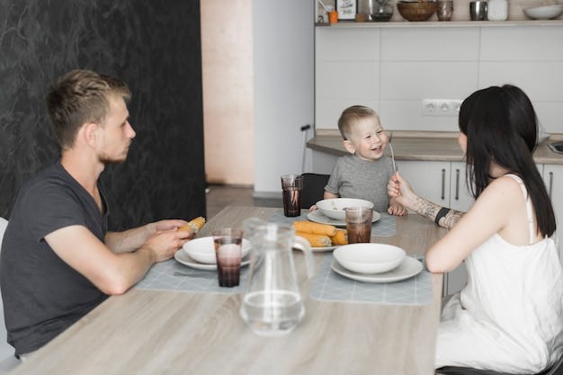 Family enjoying breakfast in kitchen