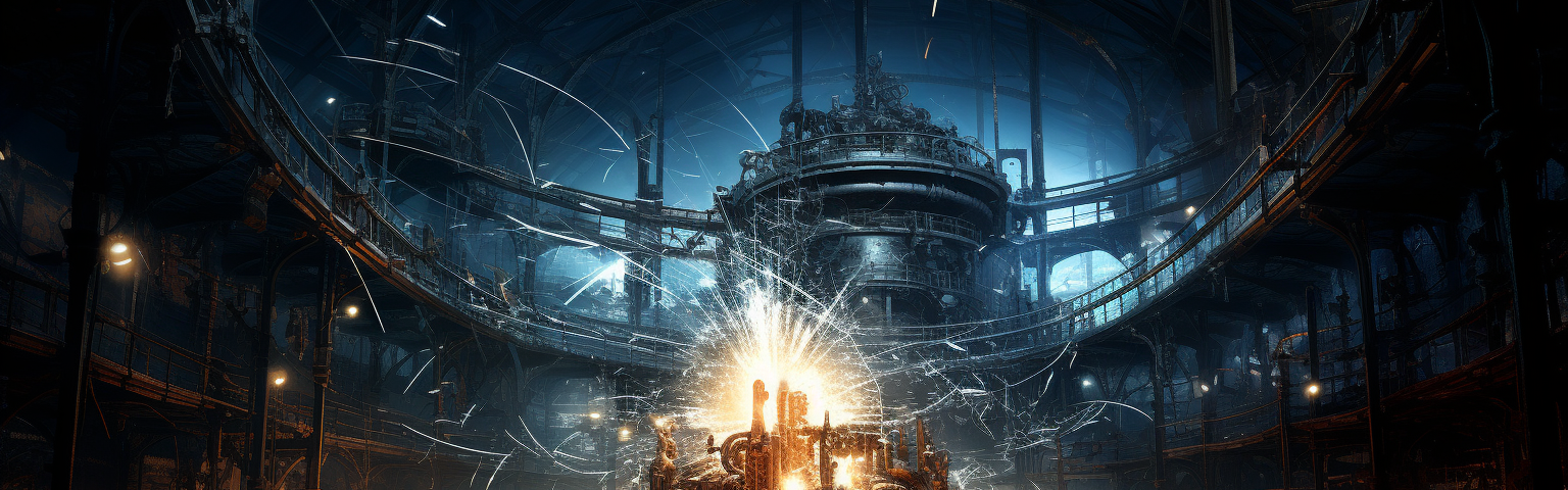Midjourney generated image of factory with circuitry and sparks