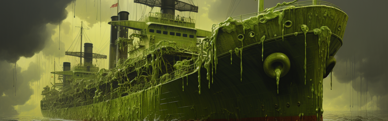 Midjourney generated image of ship on Atlantic dripping with green slime