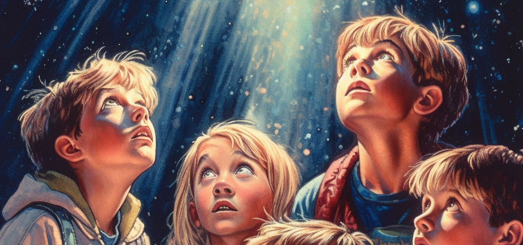 90s adventure blockbuster family movie poster of a bunch of kids looking at something light, sparkly and magical that is off the bottom of the screen (MJ & Zane Dickens)
