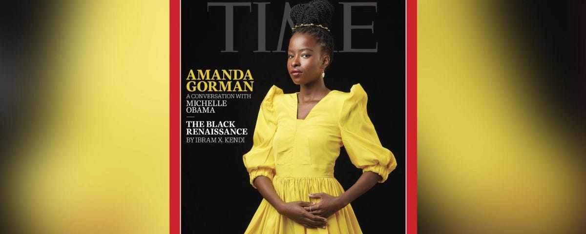 Poet Amanda Gorman in a yellow dolman sleeved gown on the cover of TIME Magazine