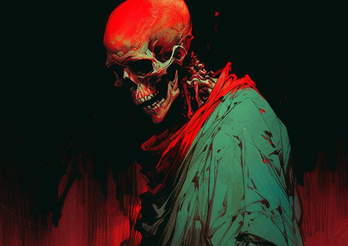 creepy bloody skull skeleton in a robe