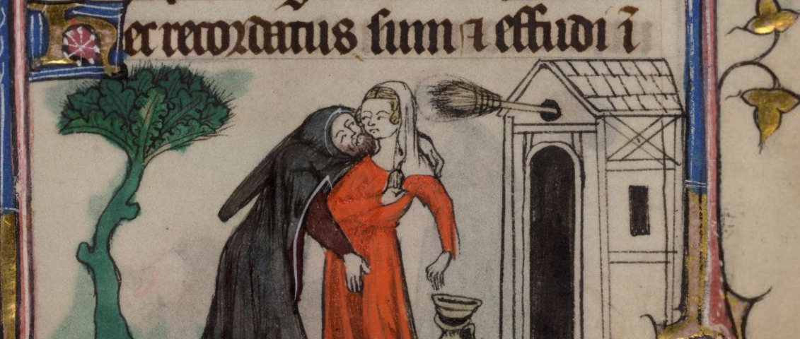 Medieval illumination depicting a man forcibly grabbing at a woman’s genitals.