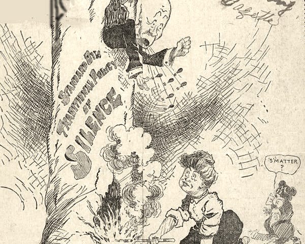 Ida  Tarbell’s uses her writing to kindle a fire on a tree labelled “Standard Oil Traditional Policy of Silence.” A panicked John D Rockefeller peers out of a squirrel-hole, screaming in alarm.