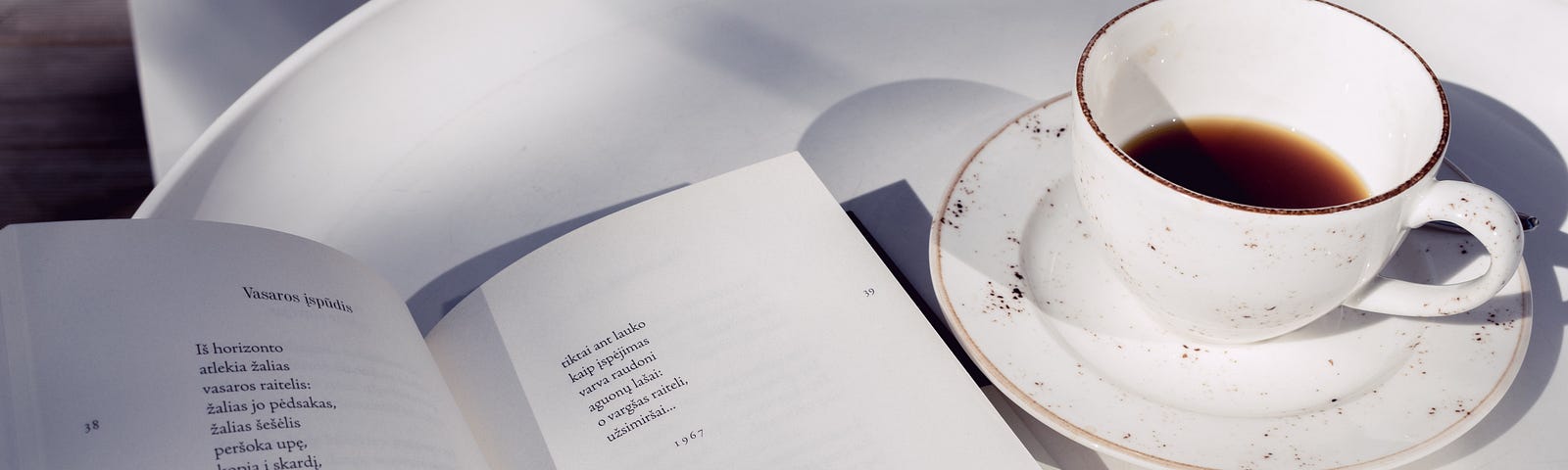 Poetry book and coffee cup on a white tray in the sun.