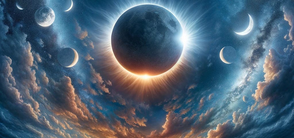 High-definition environmental art capturing the moon and sun’s rare convergence during an eclipse, showcasing a moment of global unity and the awe-inspiring beauty of nature, with detailed and unique faces in the crowd witnessing the event in a colourful, realistic style.