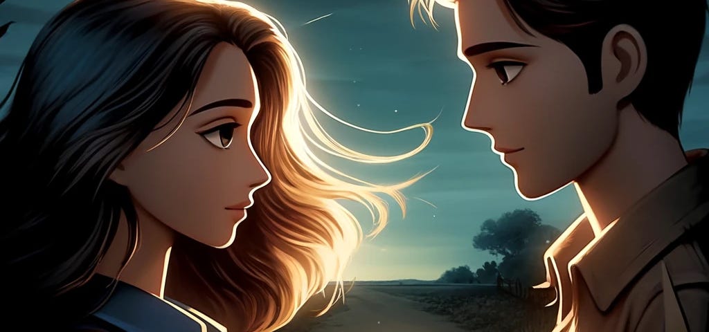 Two unique characters share a silent, loving gaze outdoors, their hands entwined, symbolizing deep connection amidst nature’s twilight glow. Perfect for viewers seeking art that captures the essence of unspoken love and companionship.