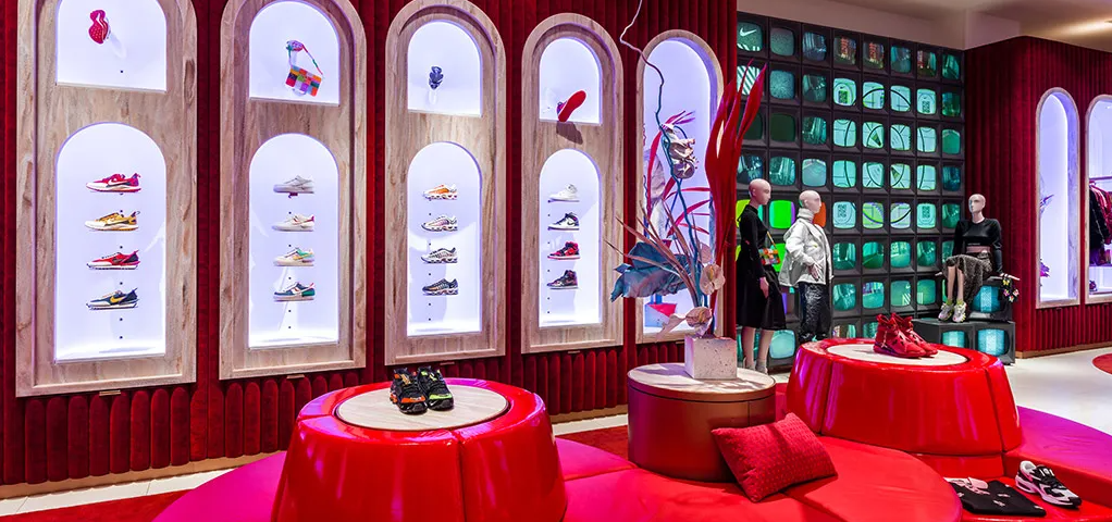 Image of Nike x Nordstrom installation. Red bench seating, illuminated wall of sneaker displays, and grid of retro style TVs surrounded by well dressed mannequins.