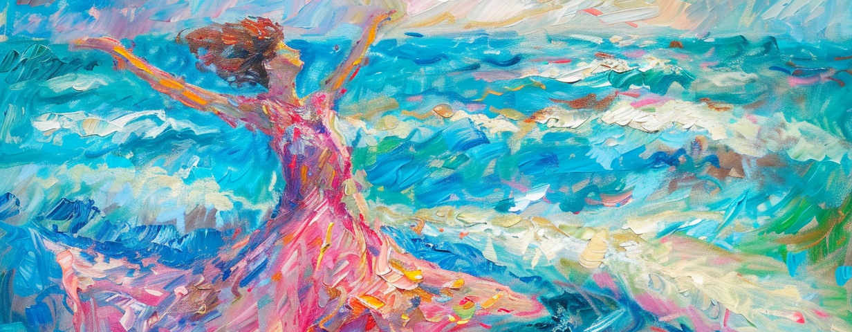a figure dances joyfully along the seashore