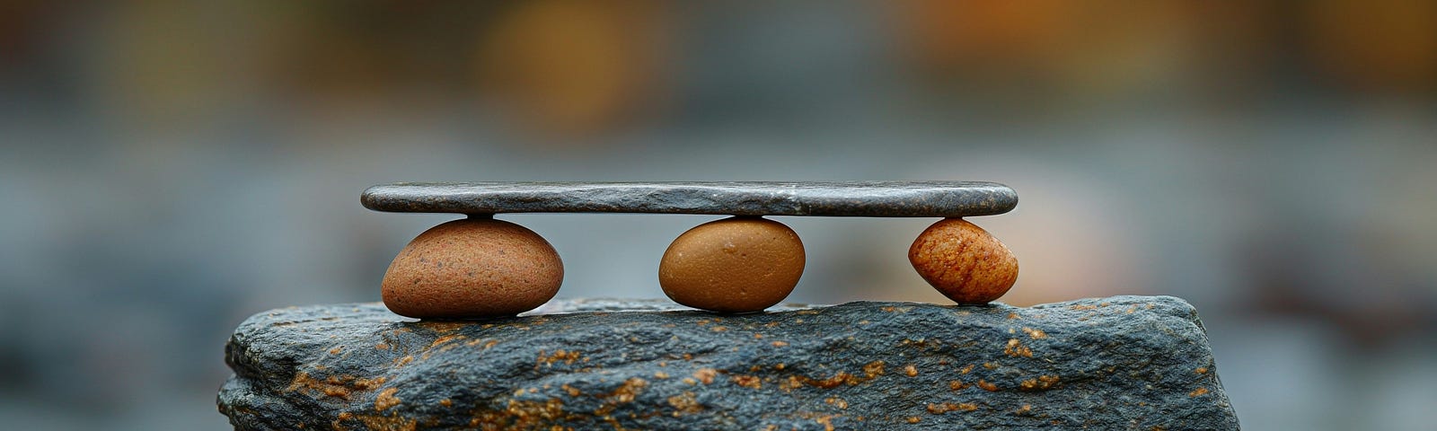 Flat stone balanced on three round stones on a larger stone balanced on a boulder.