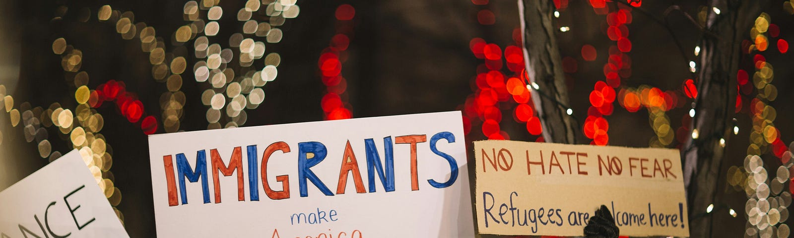 Cardboard signs saying ‘Immigrants make America great’.