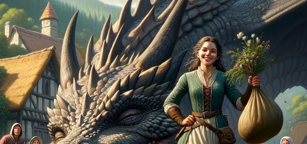 Young woman outsmarts giant dragon with herbs in medieval village, displaying victory of intelligence over force. Unique faces show awe and admiration.
