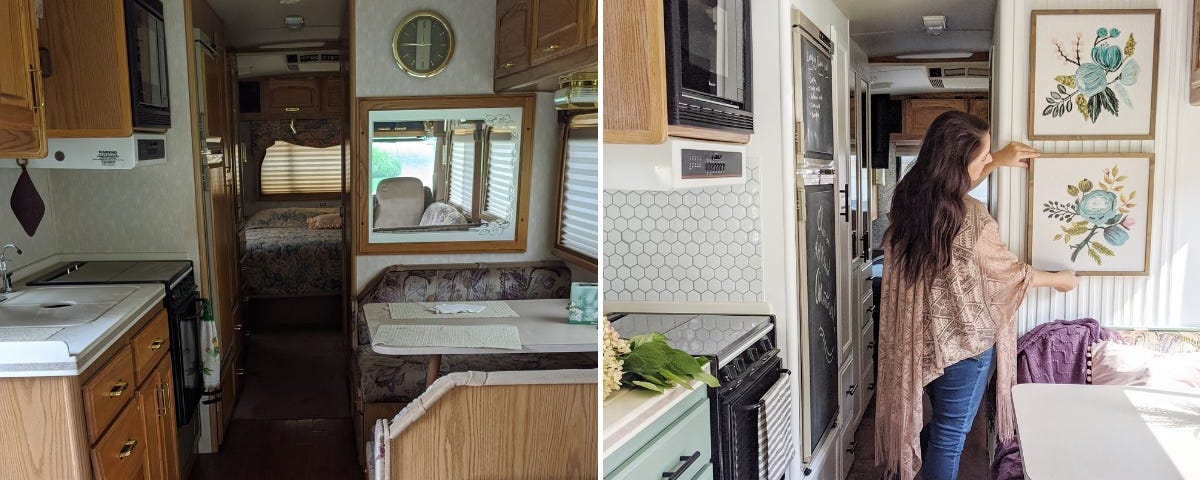 Before-and-after images of Sarah Lemp’s RV flip.
