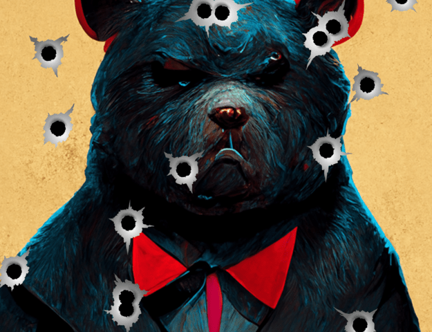 WANTED POSTER OF BEAR WITH BULLET HOLES. PARODY