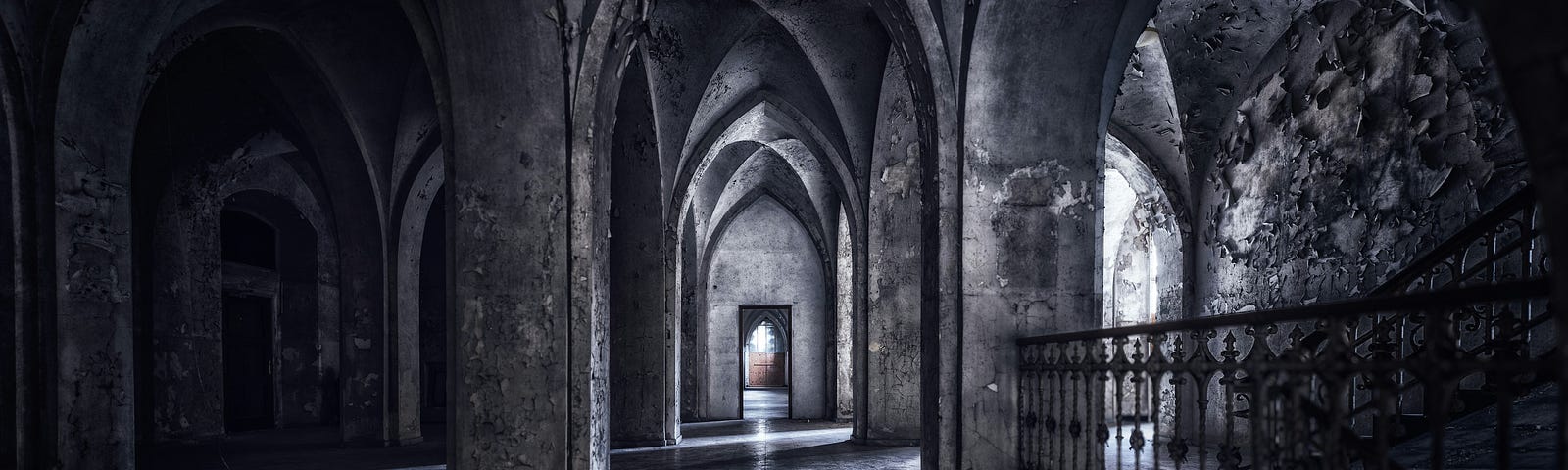 Archways in a shadowy building, gothic