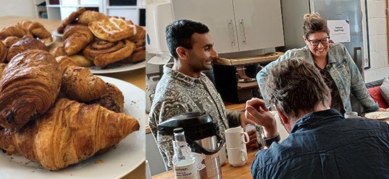 Two pictures, the left is stacks of pastries on white plates, the right is three people standing around a table smiling and chatting with coffee and pastries