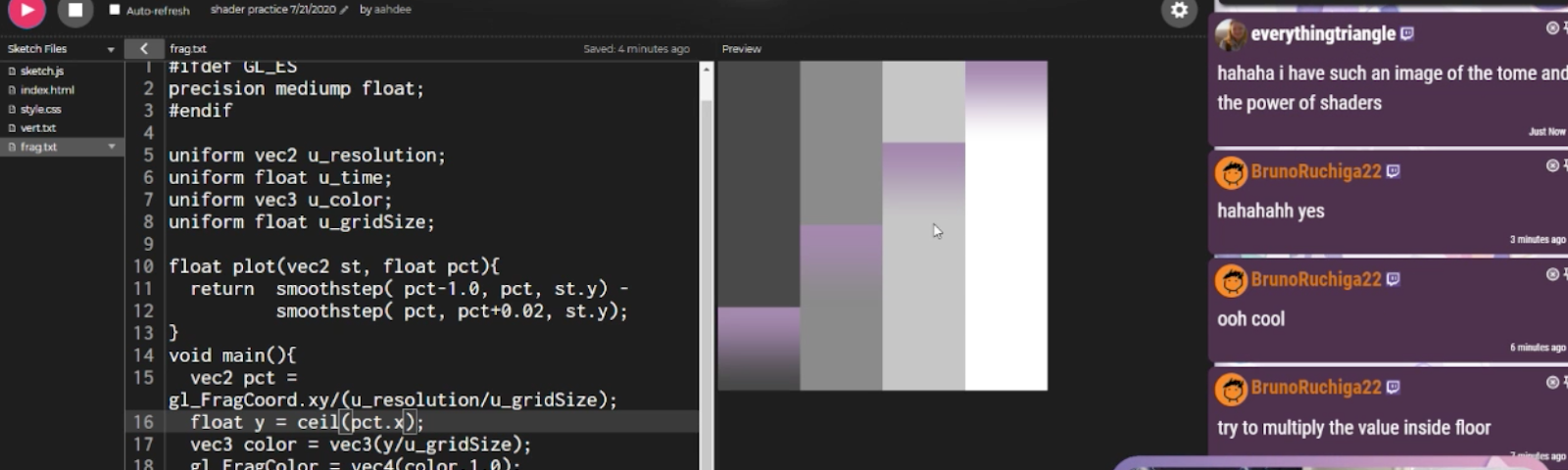 A screenshot of a past Cozy Coding stream that features a shaders demo in the p5 web editor.