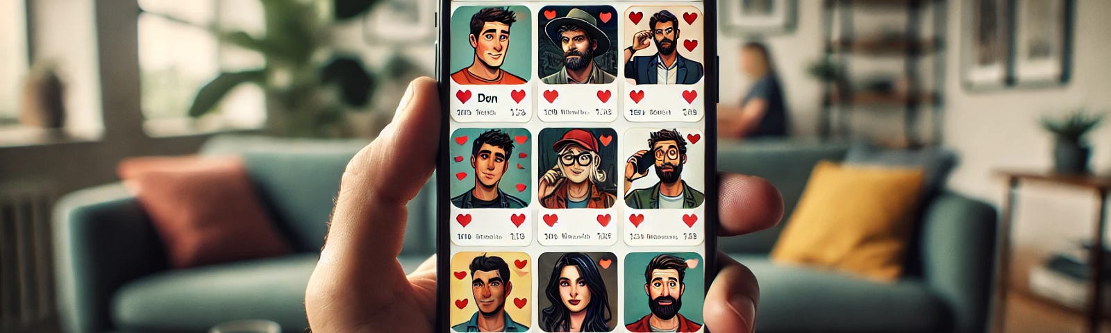 A person swiping through dating profiles on a phone, with different personalities appearing in the profile pictures.