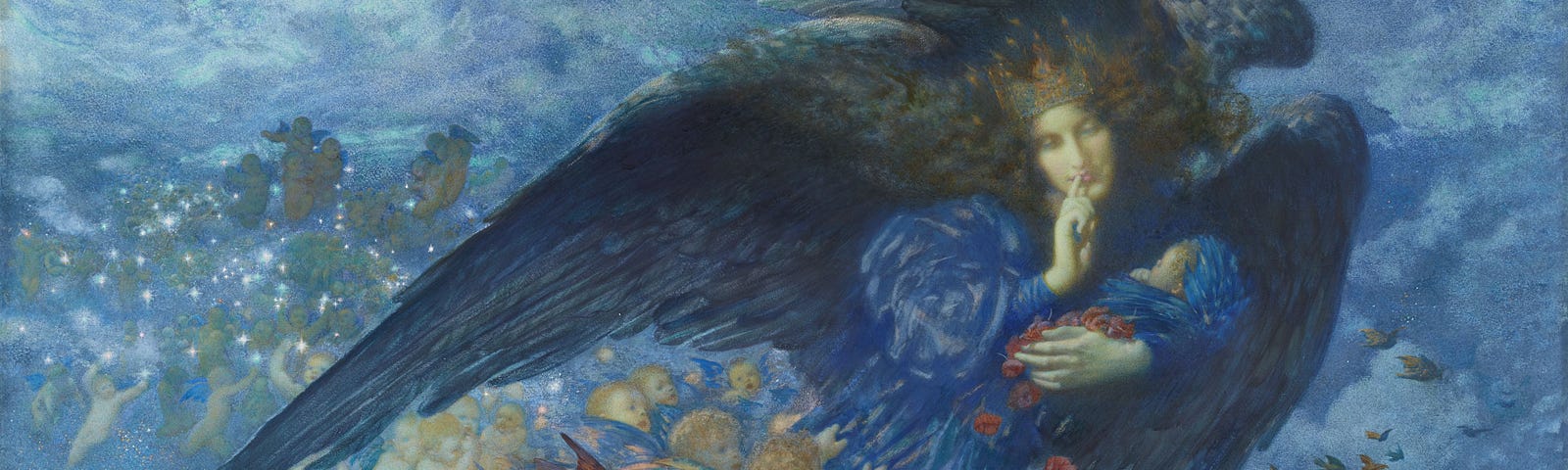Photo of a painting of a mother angel with many baby angels on mostly a blue background.