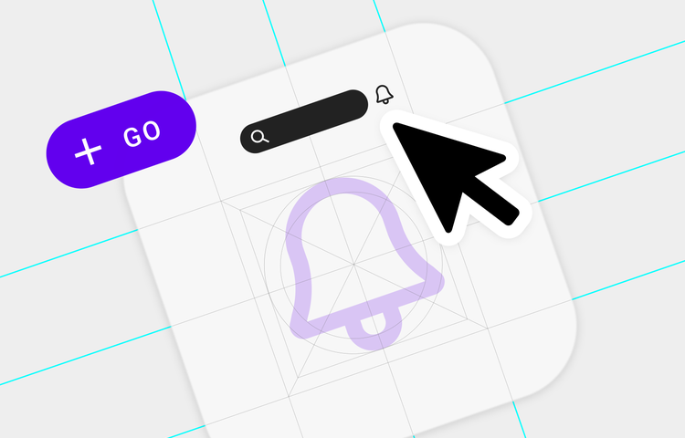 A digital illustration of a bell app icon placed diagonally on a white background with a teal grid. Positioned over the icon are a purple Go button, a black search bar, and a black pointer arrow.