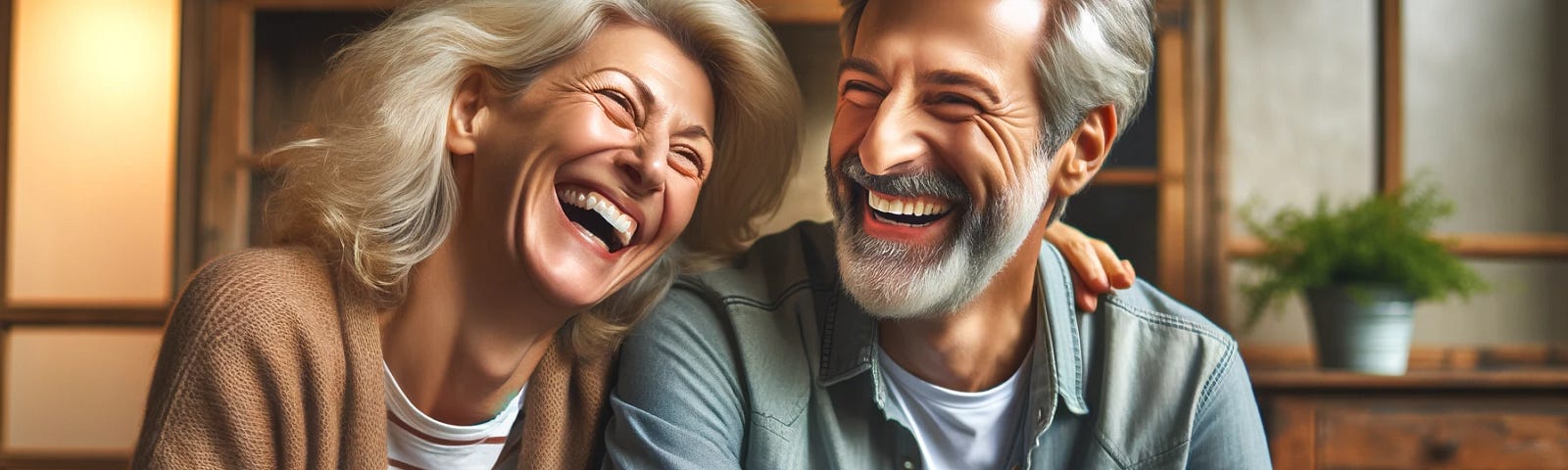 Two mature individuals laughing together in a cozy home setting, symbolizing friendship and intimacy,