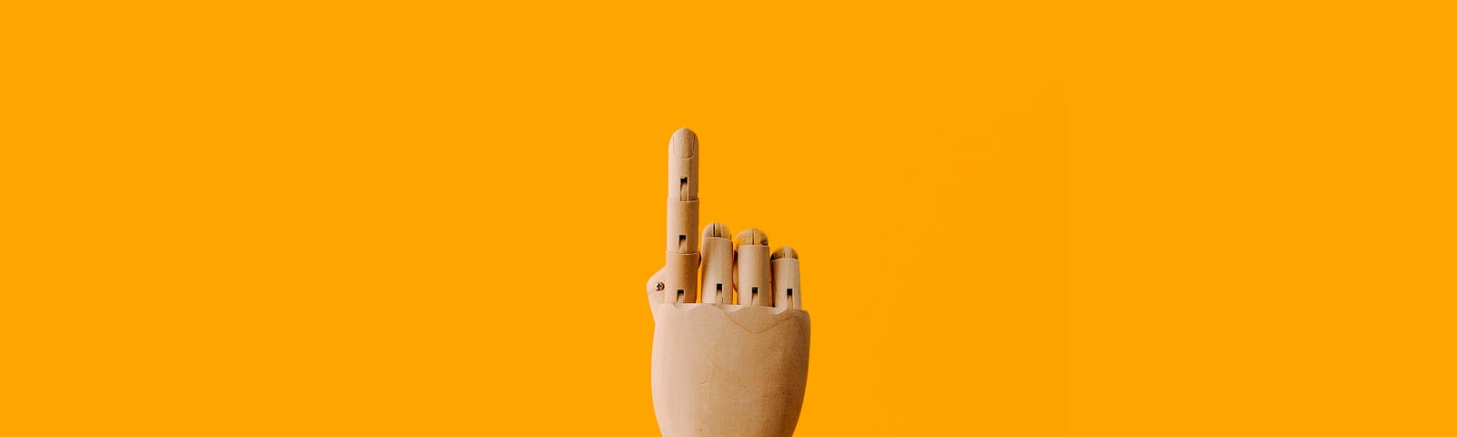 Image shows a wooden hand with the index finger pointed upward