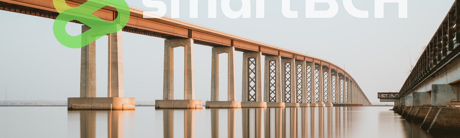 Image of two bridges crossing the sea. Added logos of smartbch, prompt.cash and wagon.cash