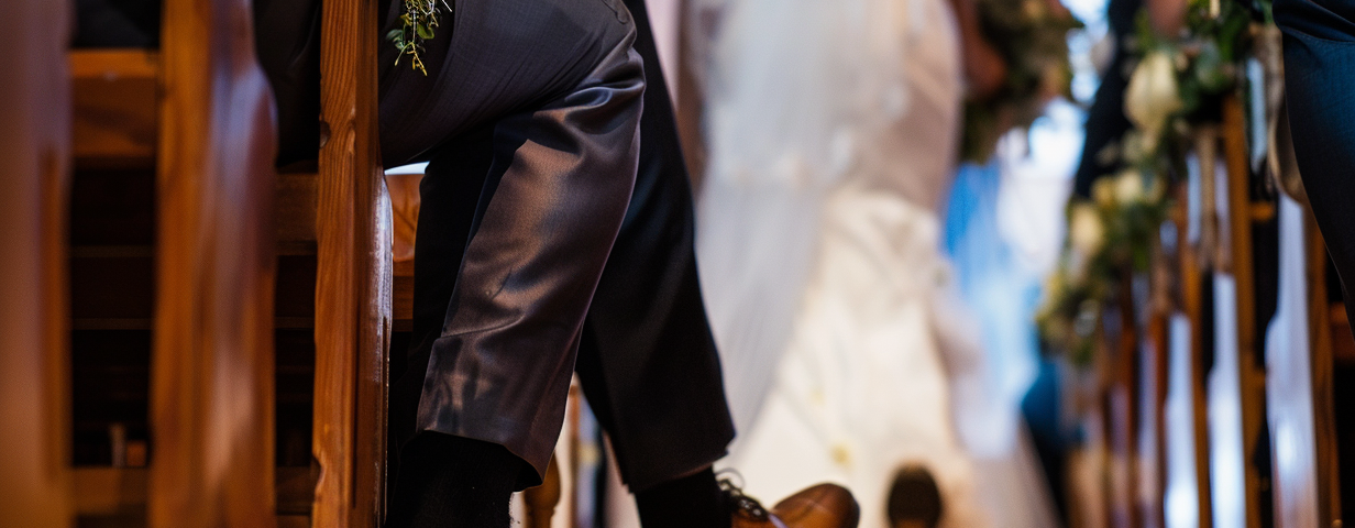 close-up of foot sticking out into the aisle at a wedding