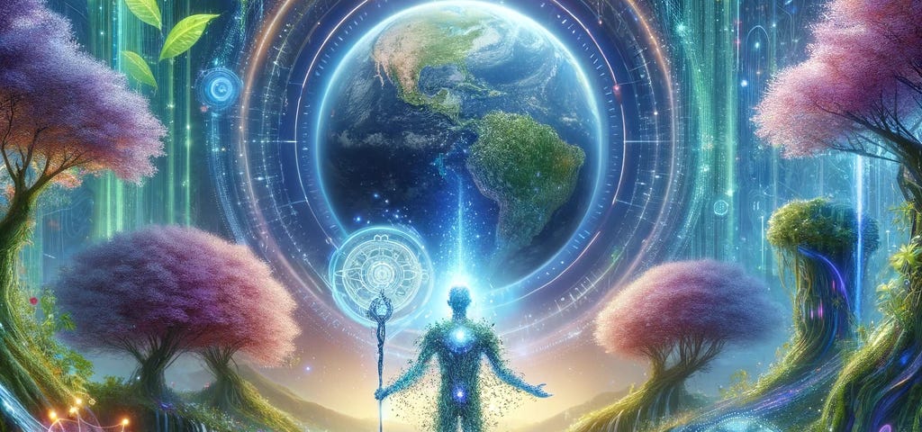 The image shows a futuristic scene where technology and nature merge, featuring a figure with a staff that combines digital codes and natural energy, set in a glowing, tech-enhanced forest with a holographic globe overhead, symbolizing the unity of technological advancement and environmental harmony.