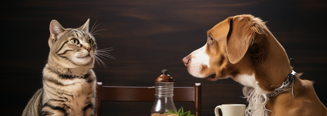 A cat and a dog wondering if they should eat the food.