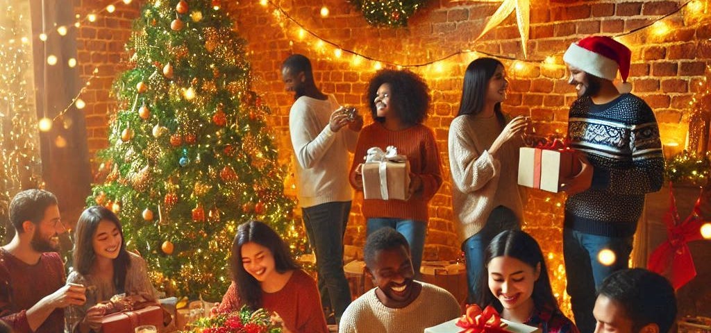 A Christmas party full of young people exchanging presents