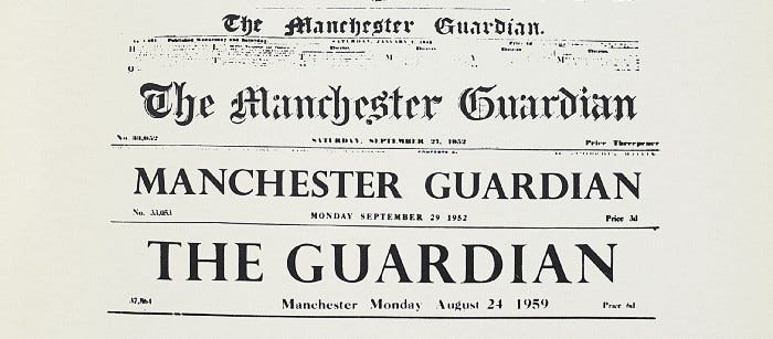 Printed titles of the Manchester Guardian with older fonts at the top and the newest typeface from 1959 at the bottom