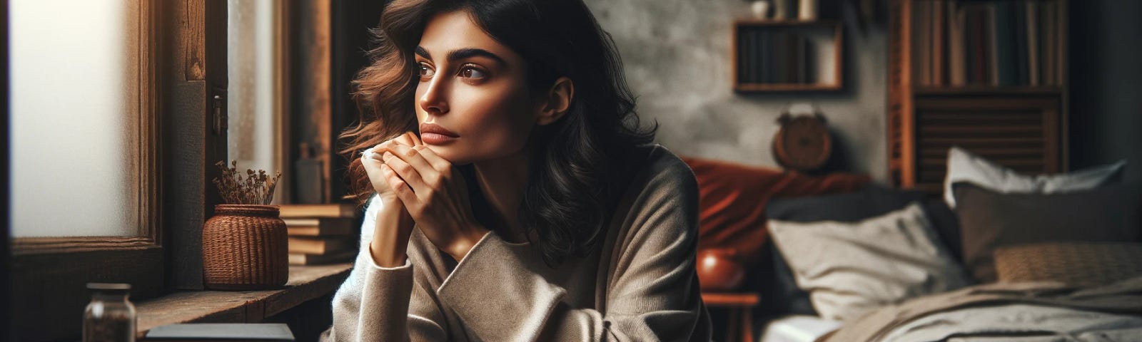 A thoughtful, introspective woman in her late twenties, of Middle-Eastern descent, sitting in a cozy, warmly lit room, surrounded by books and a cup of tea.