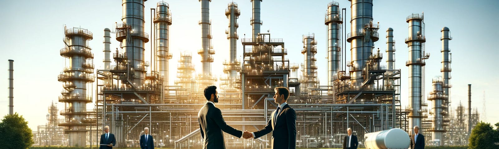 ChatGPT & DALL-E generated panoramic image showing a governmental executive and an oil executive meeting in front of an oil refinery, with a formal exchange taking place in an industrial setting.