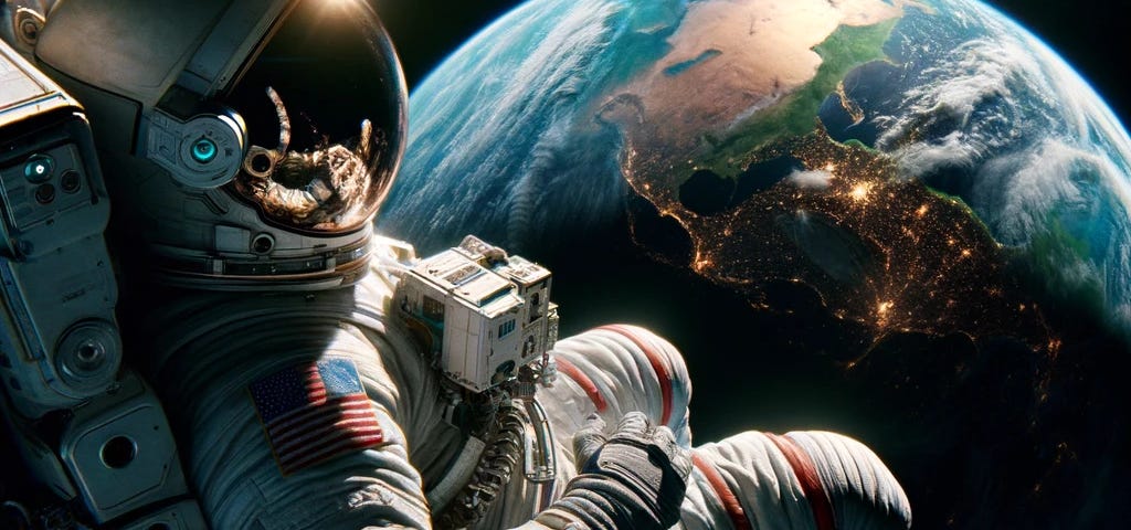 Astronaut Alex floats tethered to a spacecraft, gazing at vibrant Earth below, reflecting on life’s hustle from the silent cosmos. A realistic, detailed depiction of space’s tranquil beauty and thought.