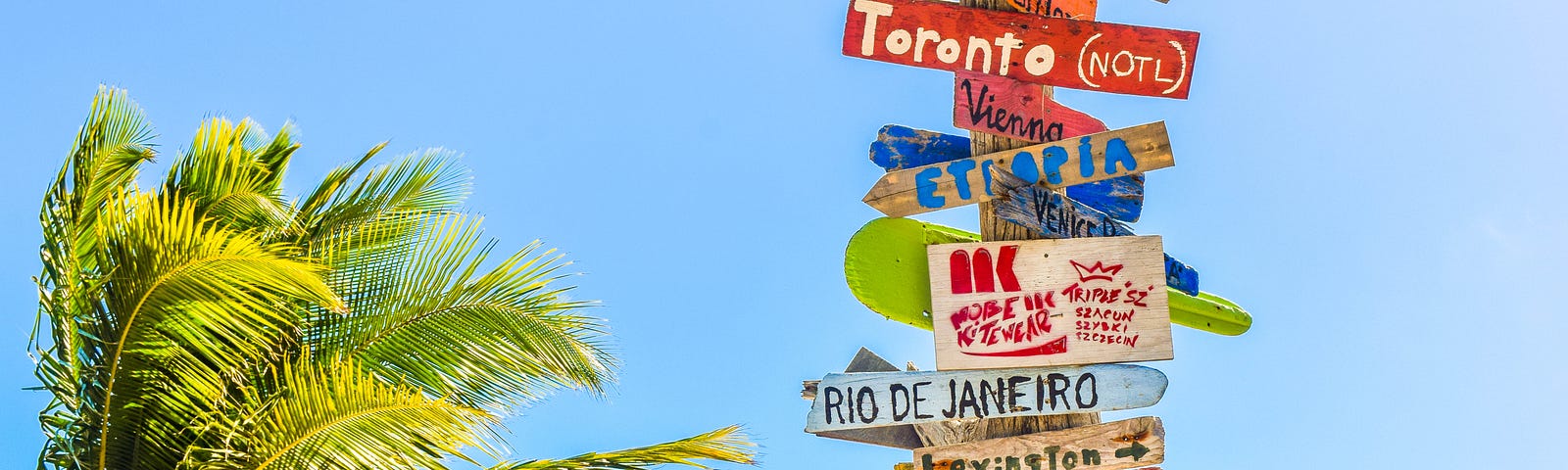 A road sign pointing to cities far and wide with a palm tree in the background.