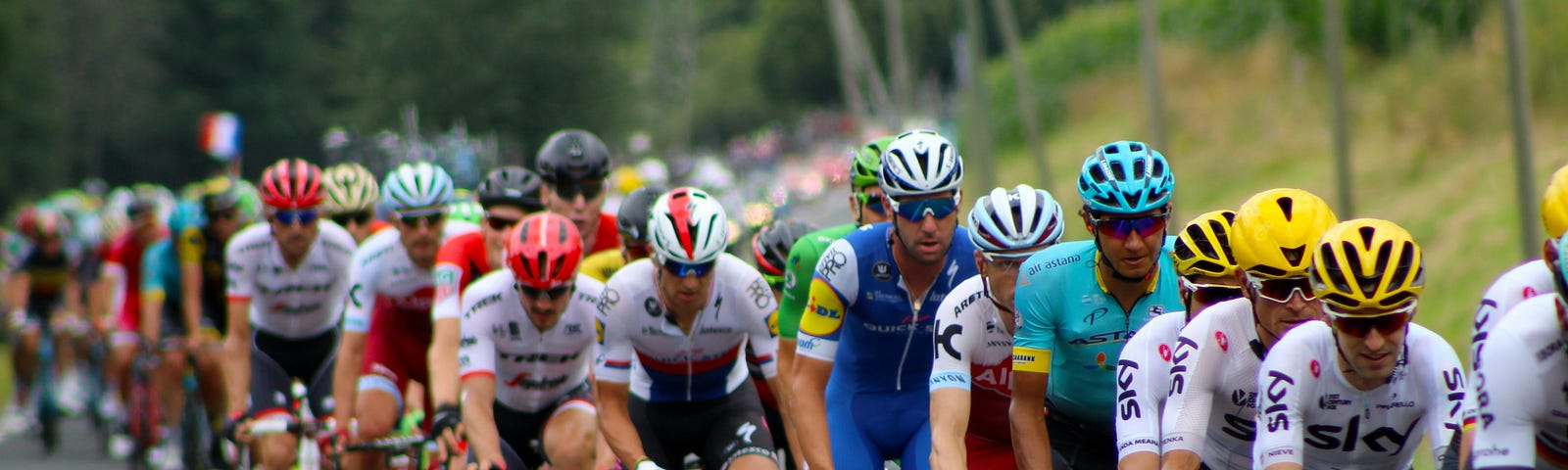 The peleton, a large cadence of bikers, at the Tour de France
