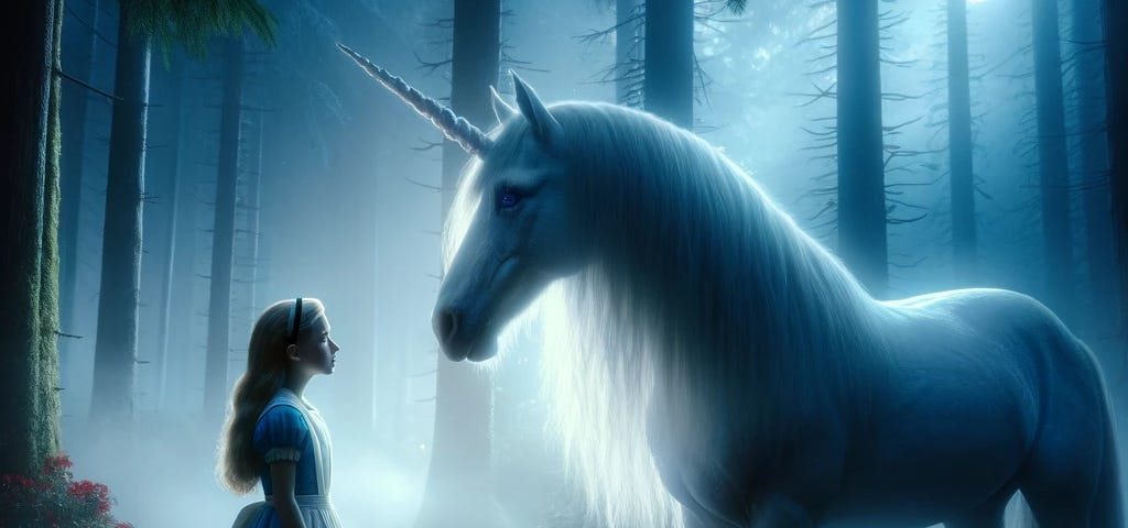 Alice meets unicorn in enchanted forest, magical dawn scene with mist, symbolizing hope and bravery. Unique faces of girl and mythical creature.