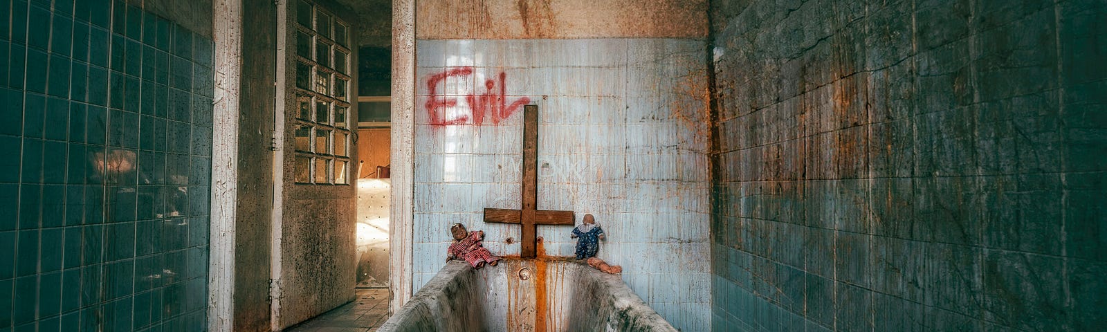 An old abandoned looking room with only one thing in it, a bath. There is an upturned cross and the word evil at one end against the wall.