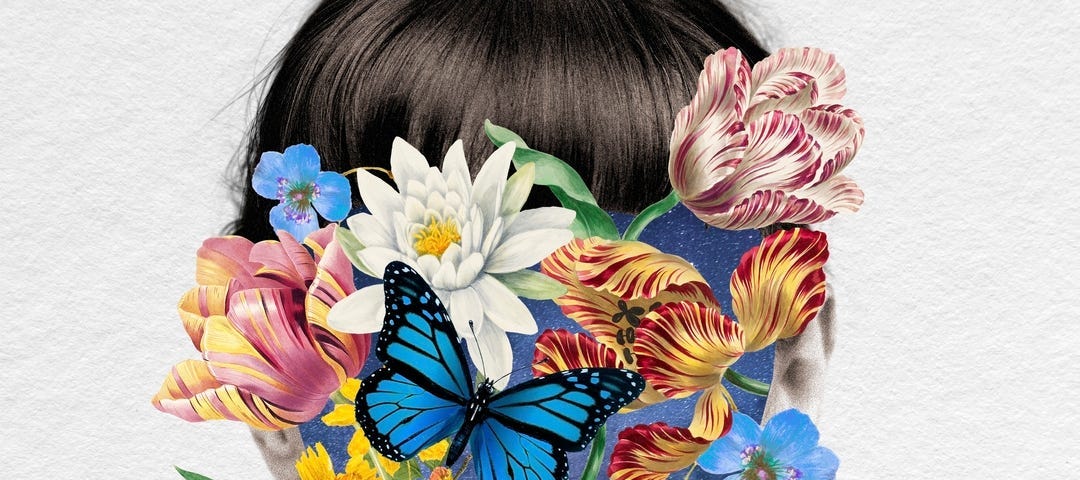 Collage style illustration of flowers and butterflies covering a woman’s face so you can only see her brown hair.