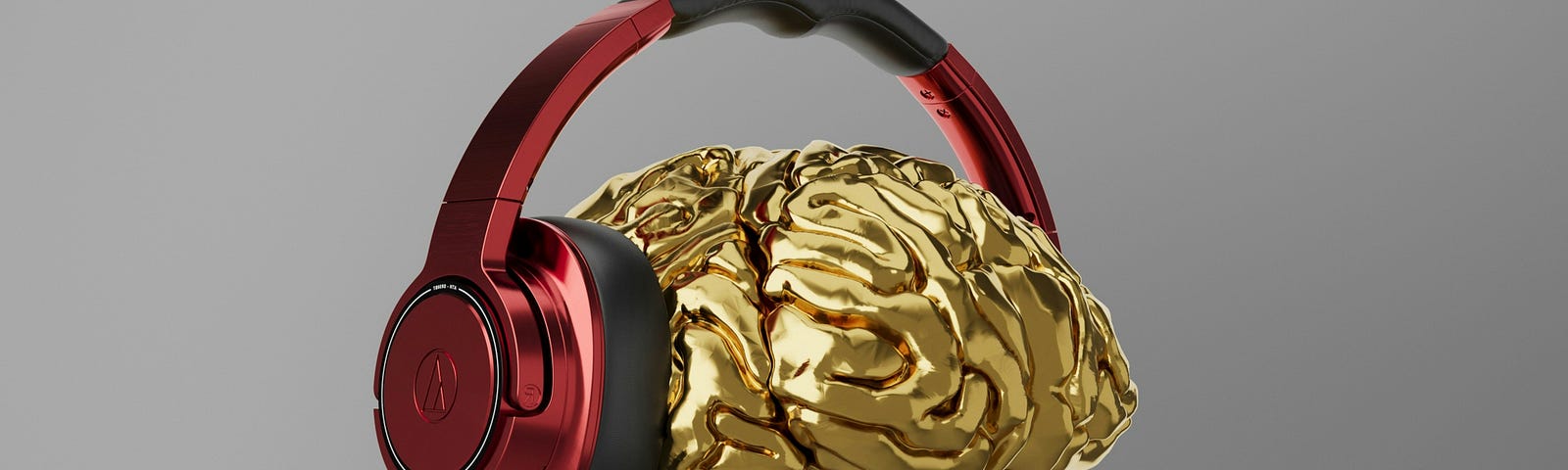 A golden human brain is wearing a pair of sleek, metallic red and black over-ear headphones. The image is set against a plain gray background, creating a futuristic and conceptual visual that suggests a connection between the brain and technology, possibly symbolizing ideas related to neurotechnology, audio stimulation, or cognitive enhancement.