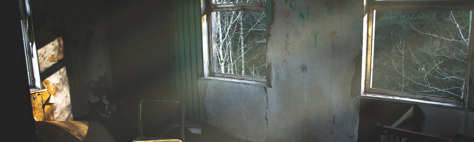 An abandoned living room with two windows facing a dense forest.