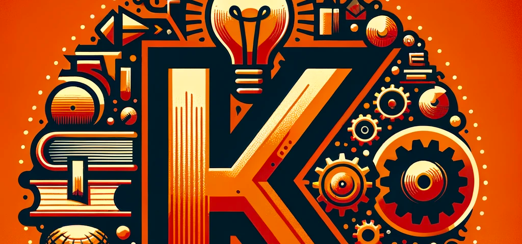 Create a photo-style image with a dominant orange-red color palette. In the center, feature a large, bold letter K. Surround the K with elements representing knowledge, such as books, a glowing light bulb, and gears symbolizing cognition. Integrate a subtle smile design near or within the K, reminiscent of the Kustomer logo’s smile. The overall design should convey innovation, learning, and intelligence, while ensuring the K and its associated elements stand out in the chosen color palette.