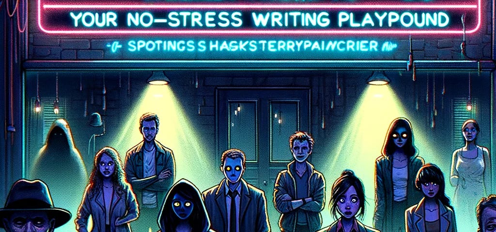 Captivating mystery thriller scene with 10 unique faces in a dim room, highlighting ‘Creative Sparks Weekly Prompts #6 — Your No-Stress Writing Playground.