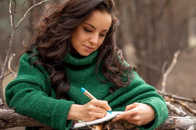 Woman in nature writing in a beautiful green sweater