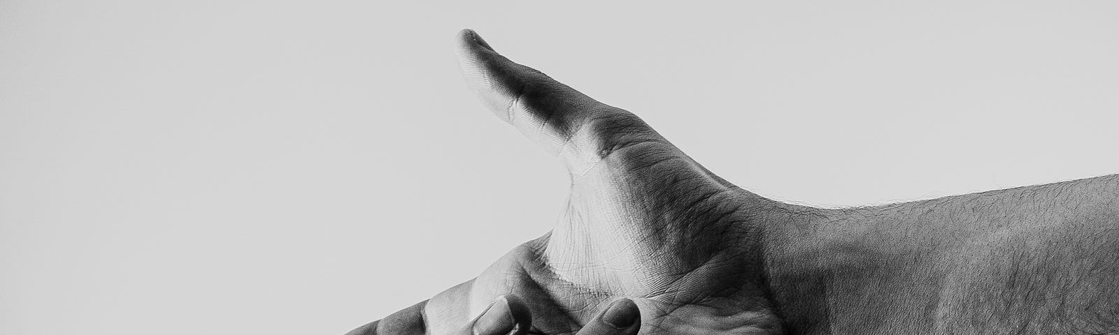 An outstretched hand, thumb pointing up. Forefinger and third digit stretched forward. Fourth and fifth digit curled over the palm