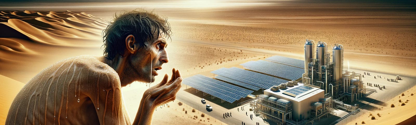 ChatGPT & DALL-E generated panoramic image featuring a dehydrated man staring at a green hydrogen facility in a desert.