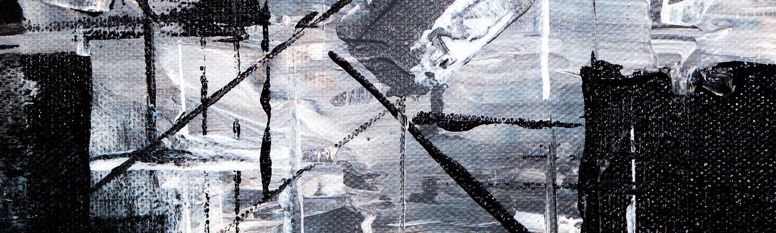 Abstract, greyscale paiting with vertical lines & marks and block shapes.