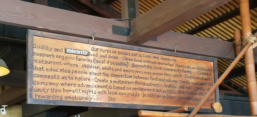 The Flat Bread Company restaurant mission statement describing that their purpose guide their actions and decisions.