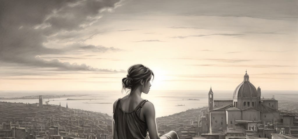 A girl watching the sunset over a city